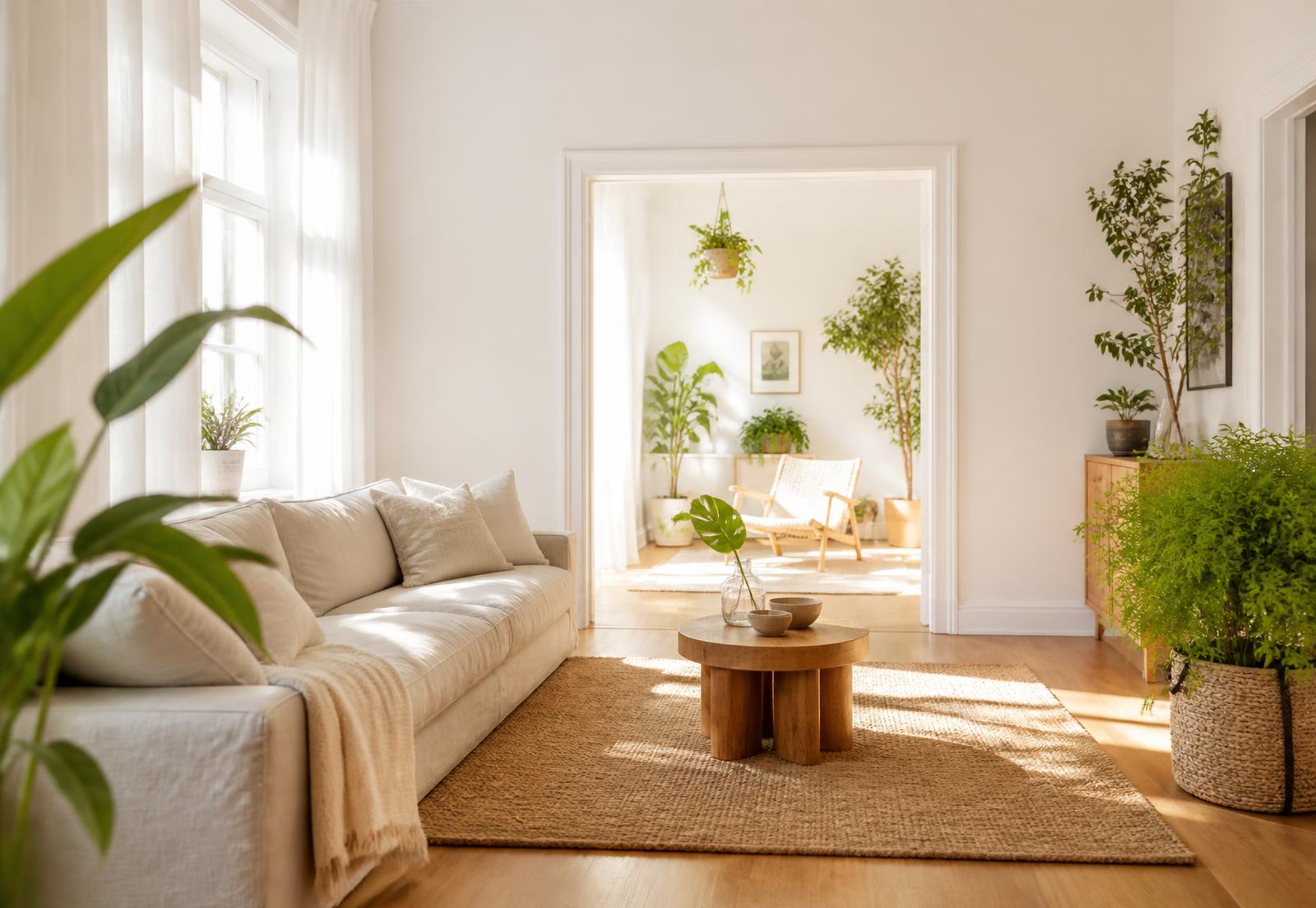 Sunlit living room with plants, linen sofa and warm wood floors after a Fernlight cleaning